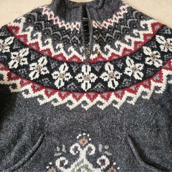 Icelandic Design L Quarter Zip Navy Gray Red Fair Isle 100% Cotton Sweater Fall - Picture 2 of 8